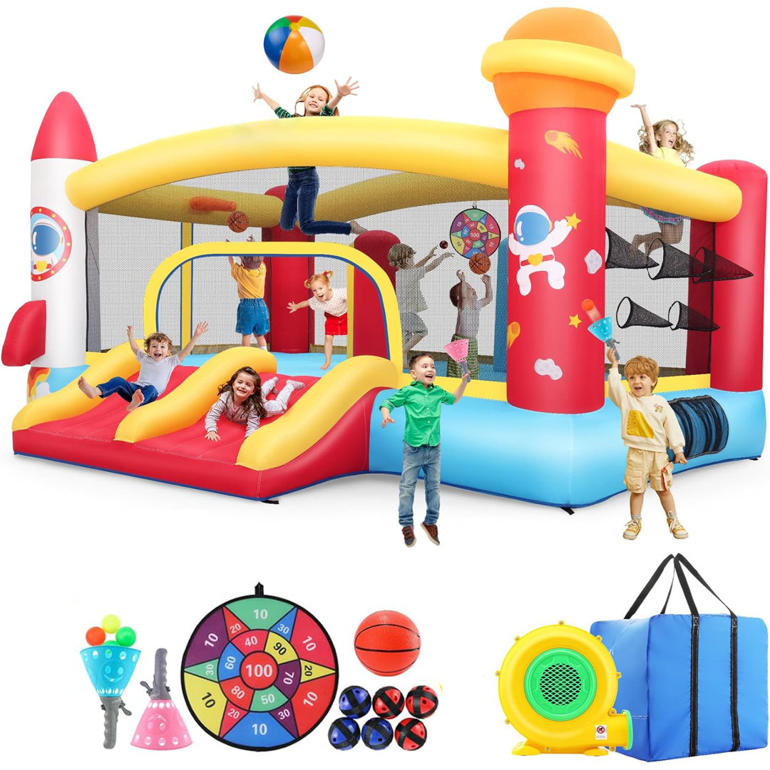 Inflatable Bounce House For Big Kids 3-12 Space Rocket Theme Large Bouncy Castle With Double Racing Slides, Obstacle Punching Pillars, Dual Basketball Hoops, Dart Board & Ball Toss Game
